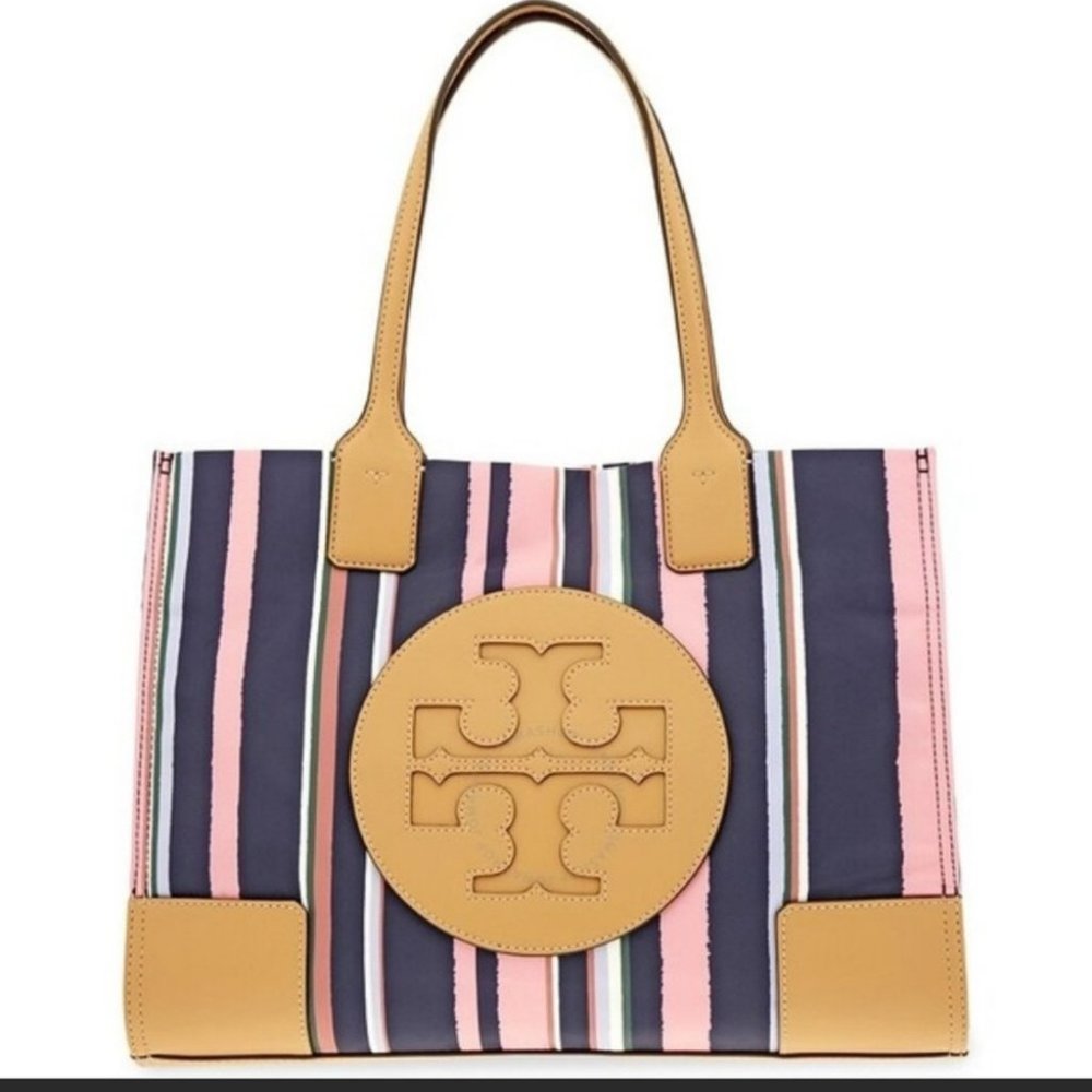 Tory Burch Navy, Pink & Tan Striped Tote - Picture 2 of 11
